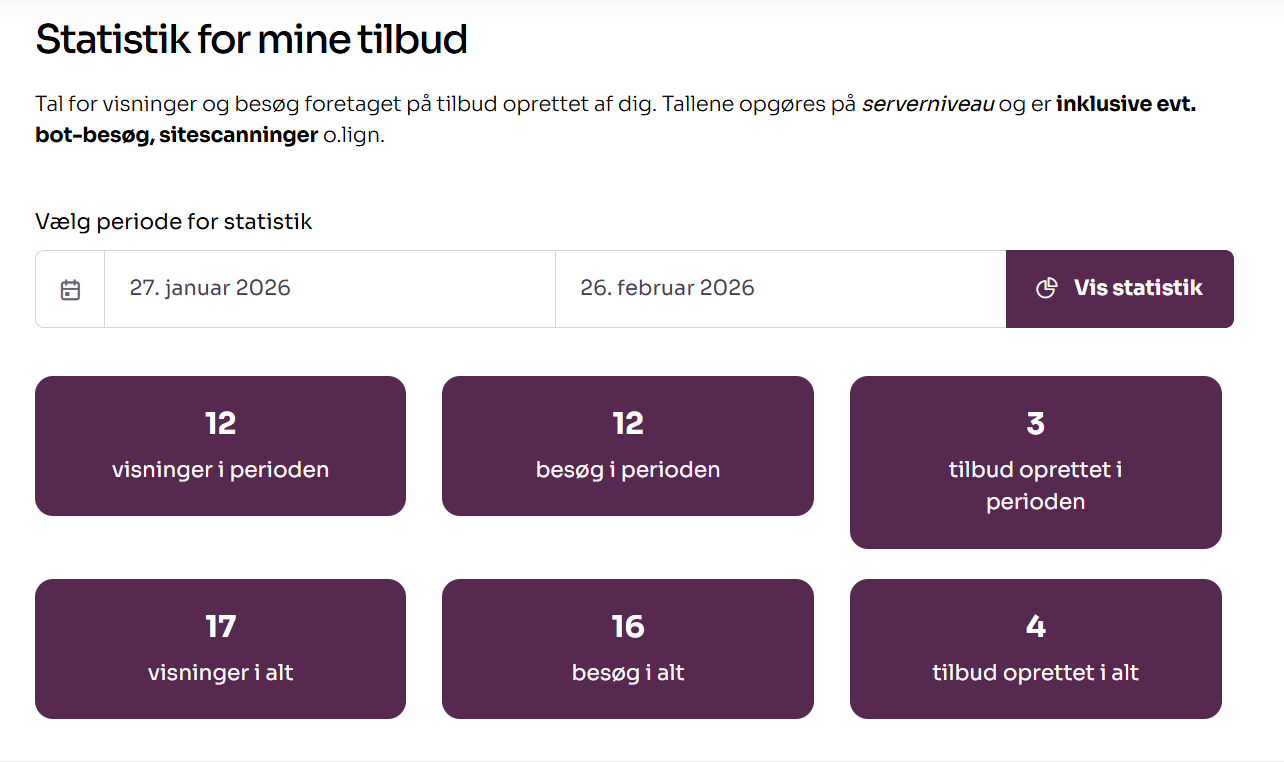Skærmbillede der viser statistik for visning af tilbud i tal